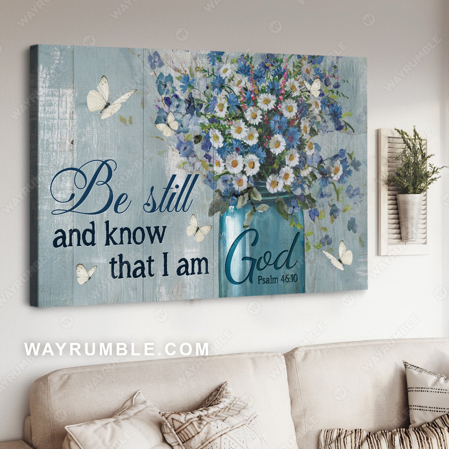 Baby flower vase, White butterfly, Be still and know that I am God - Jesus Landscape Canvas Prints, Christian Wall Art