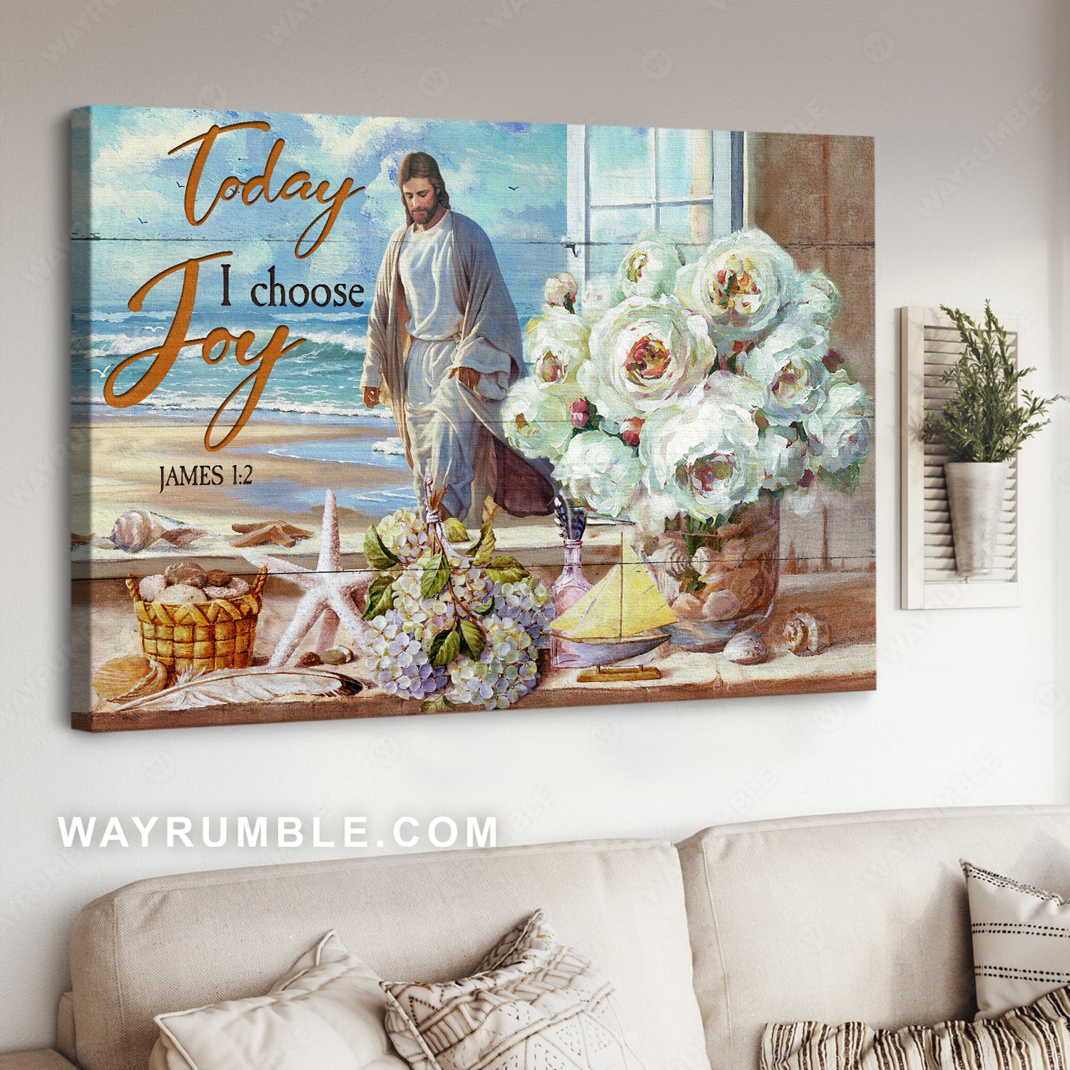 White rose vase, Walking with Jesus, Purple hydrangea, Today I choose joy - Jesus Landscape Canvas Prints, Christian Wall Art