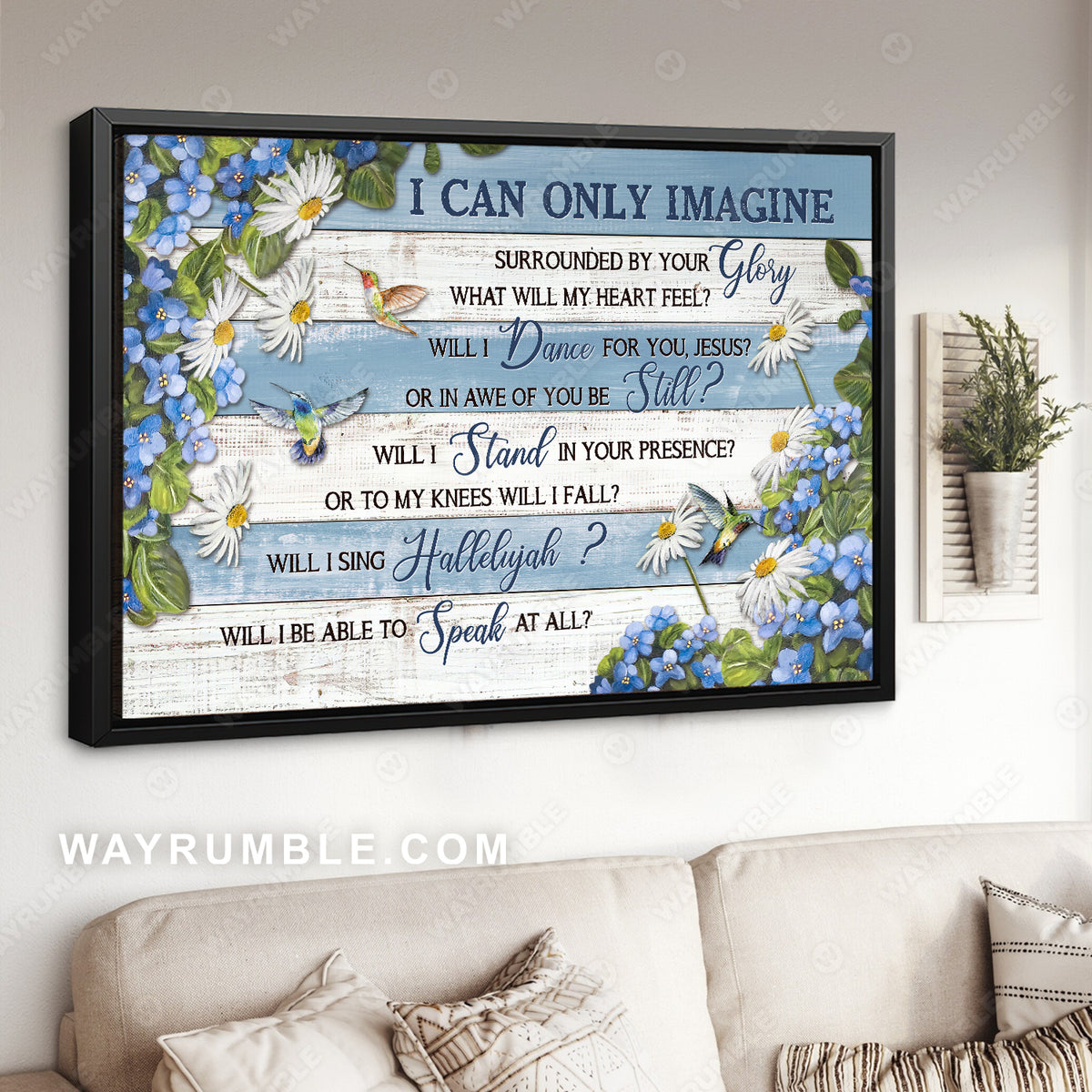 Wooden background, Daisy frame, Hummingbird, I can only imagine - Jesus Landscape Canvas Prints, Home Decor Wall Art