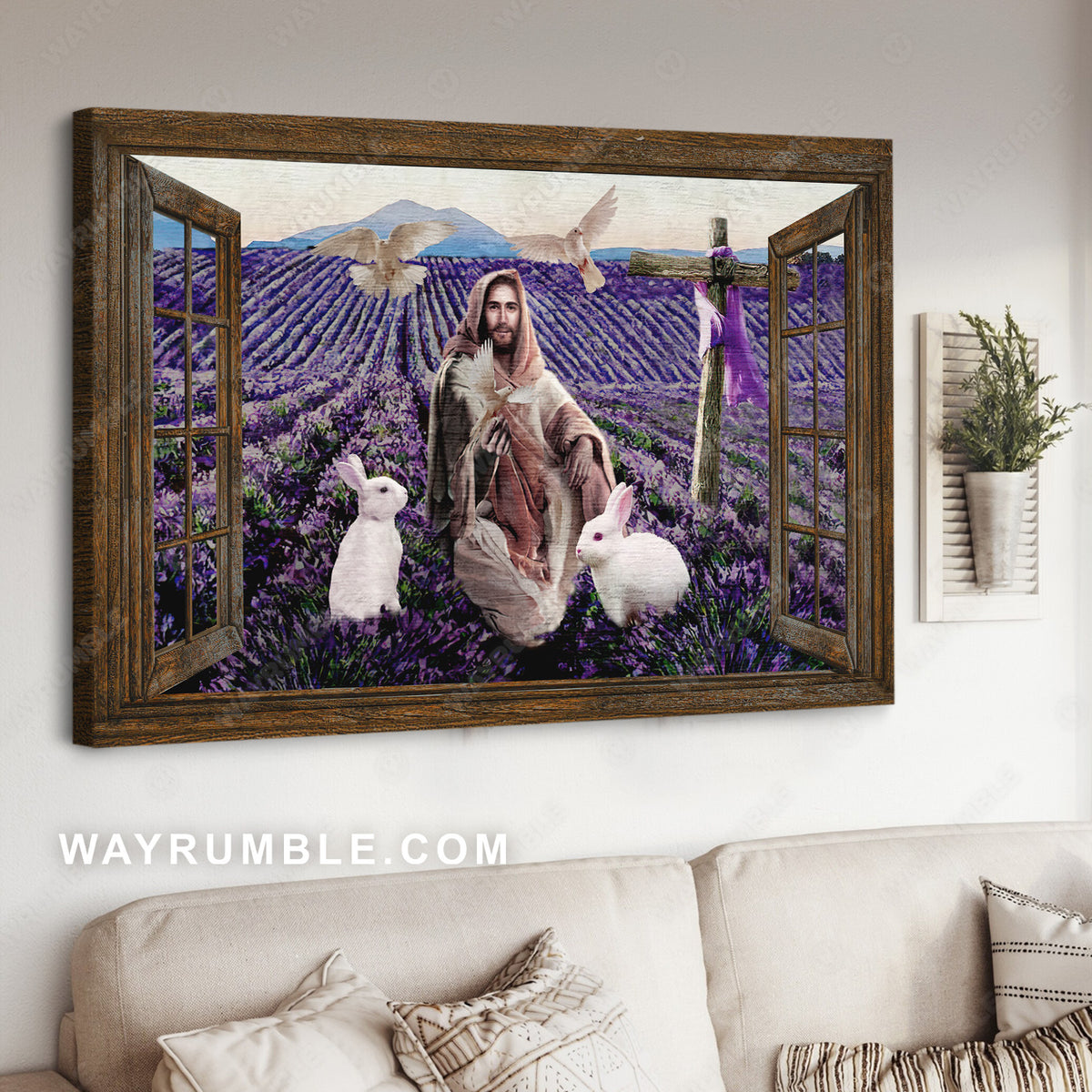 Lavender field, Jesus painting, Animal with Jesus, Rabbit drawing - Jesus Landscape Canvas Prints, Christian Wall Art