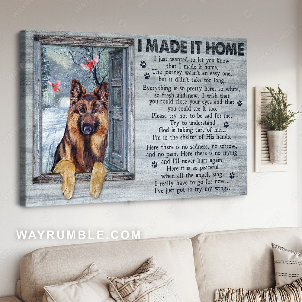 Winter forest, German shepherd dog, Cardinal drawing, I made it home - Jesus Landscape Canvas Prints, Christian Wall Art