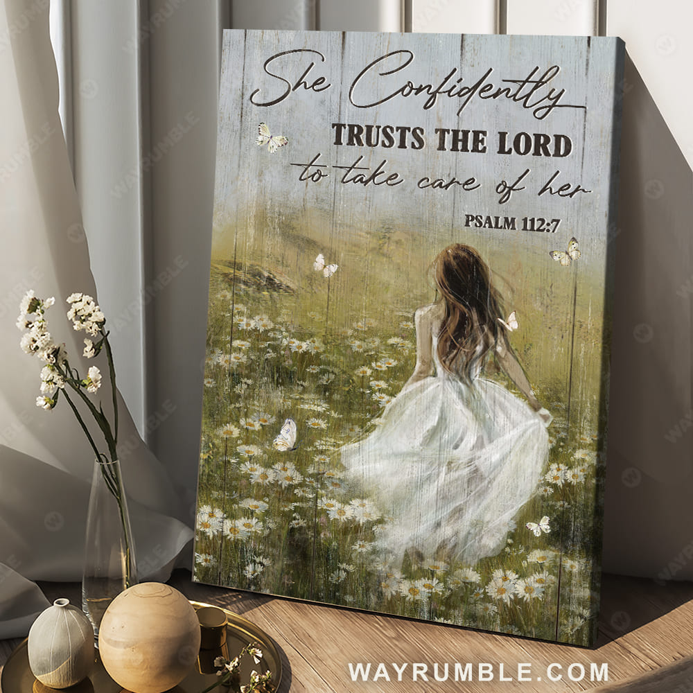 Beautiful girl, Green flower field, She confidently trusts the Lord to take care of her - Jesus Portrait Canvas Prints, Christian Wall Art