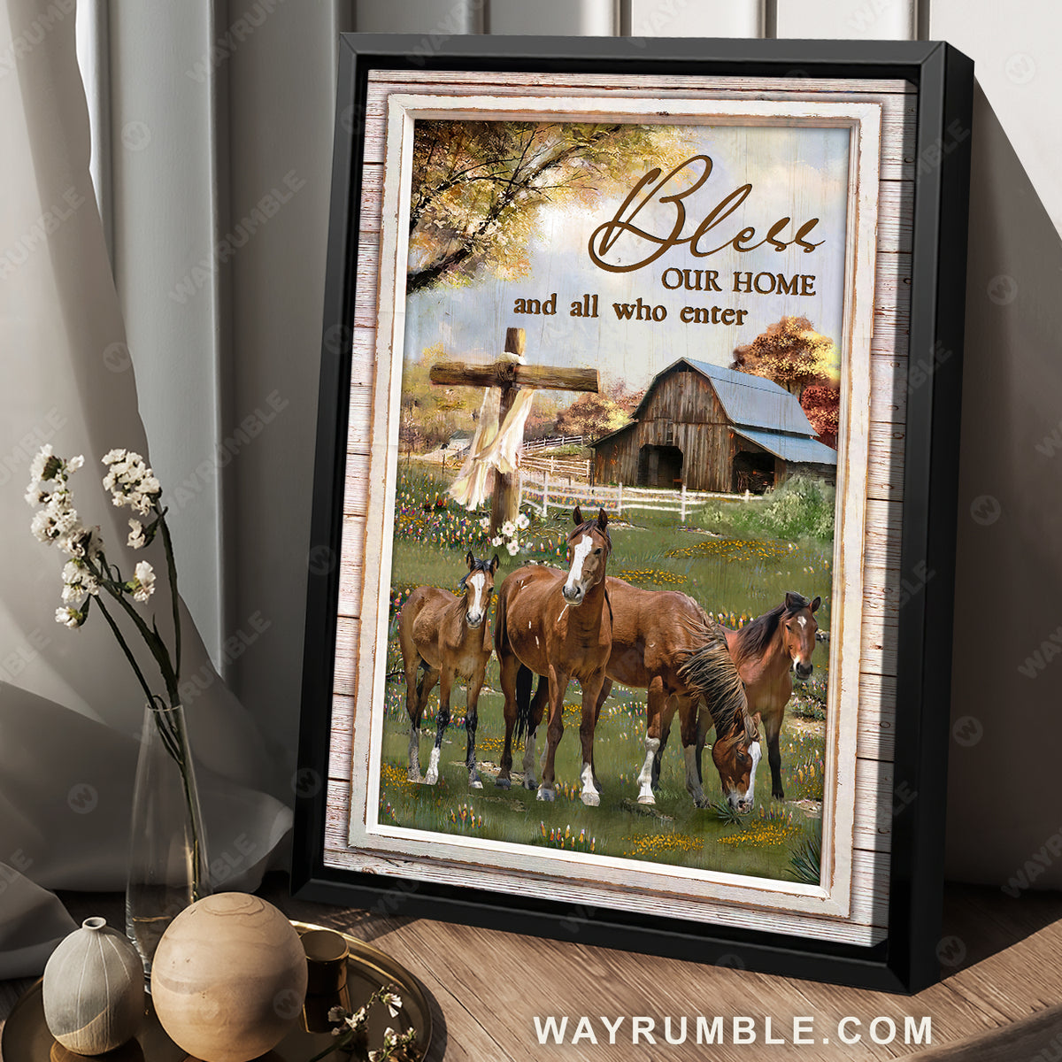Brown horses, Meadow land, Flower field, Bless our home and all who enter - Jesus Portrait Canvas Prints, Christian Wall Art