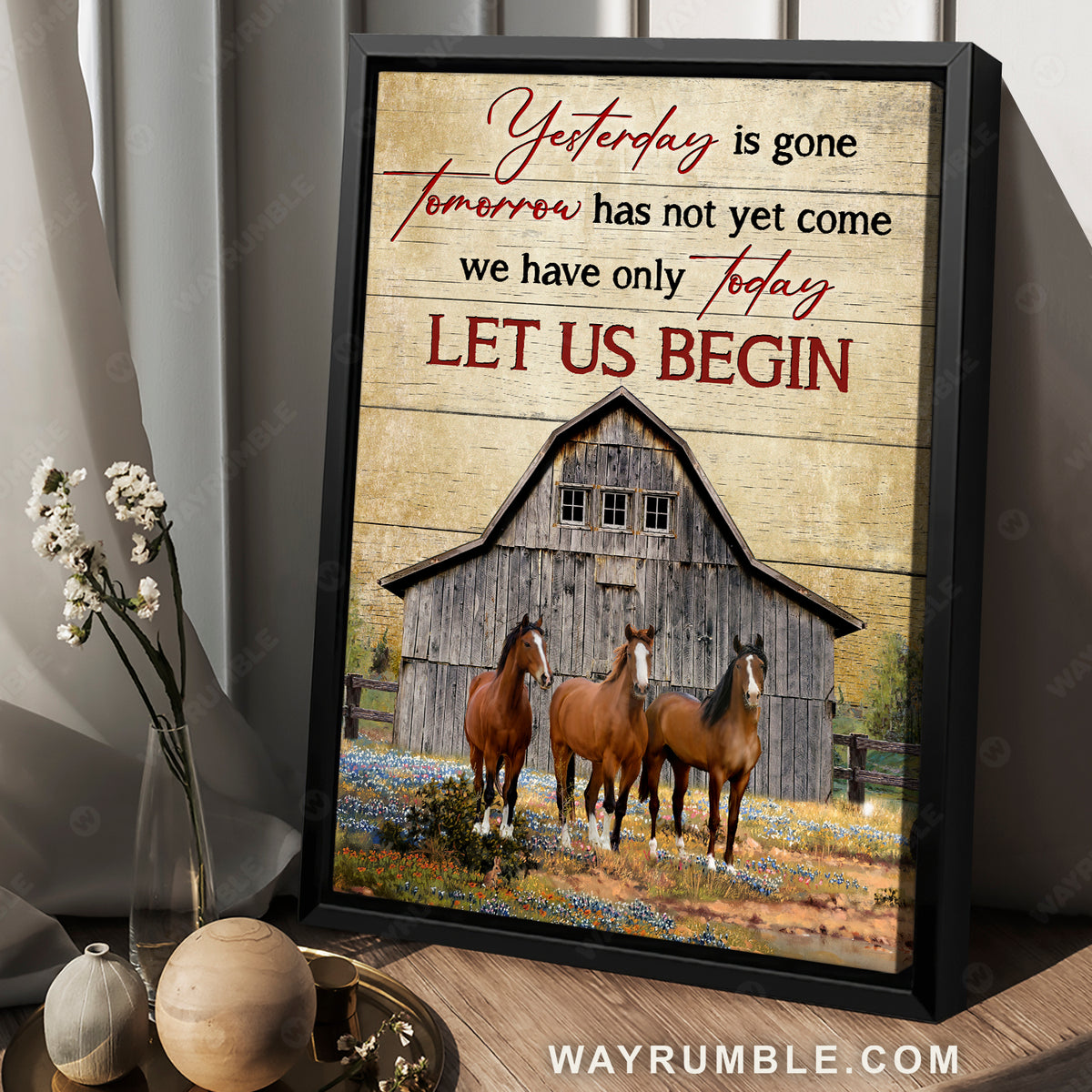 Old wooden barn, Brown horses, Flower field, Yesterday is gone - Jesus Portrait Canvas Prints, Christian Wall Art