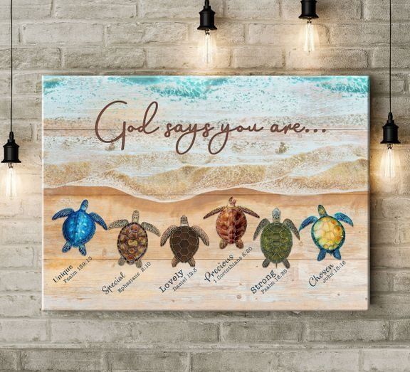Sea turtle painting, Blue ocean, God says you are unique - Jesus Landscape Canvas Prints, Wall Art