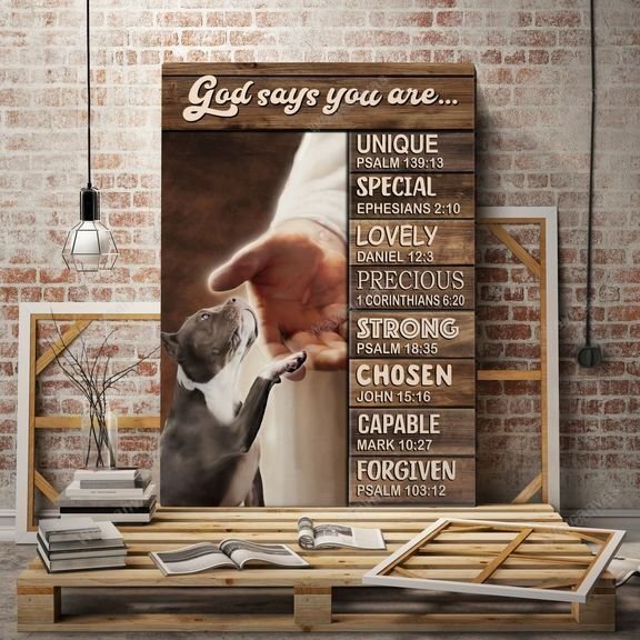 Pit bull, Jesus hand, God says you are - Pitbull Portrait Canvas Prints, Wall Art