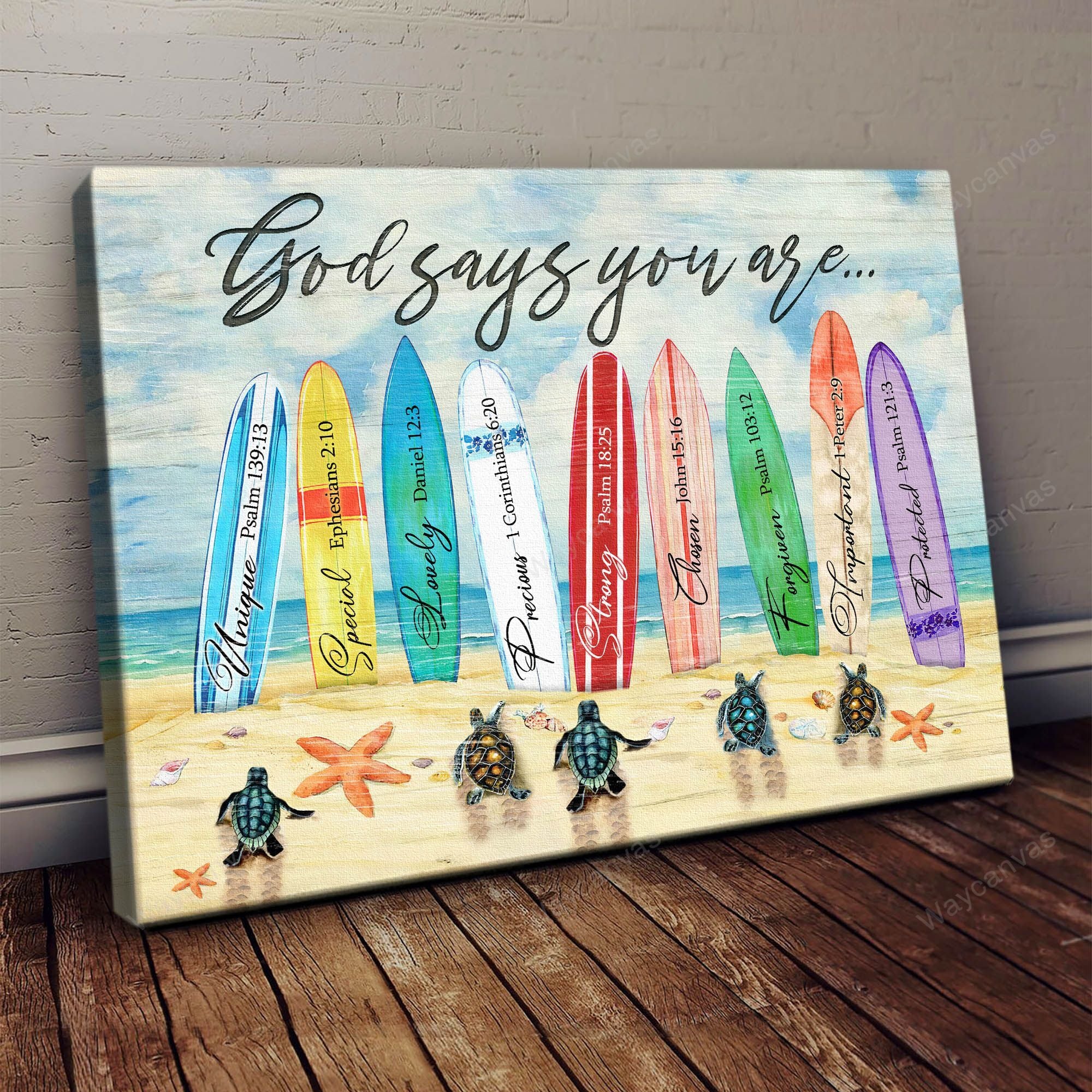Turtle, On the beach, Surfboard, God says you are - Jesus Landscape Canvas Prints, Wall Art