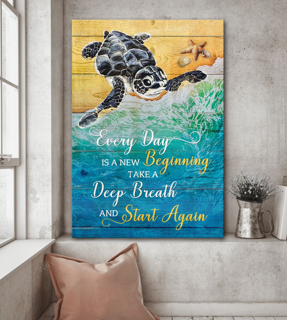 Black turtle, Ocean painting, Every day is a new beginning - Jesus Portrait Canvas Prints, Wall Art