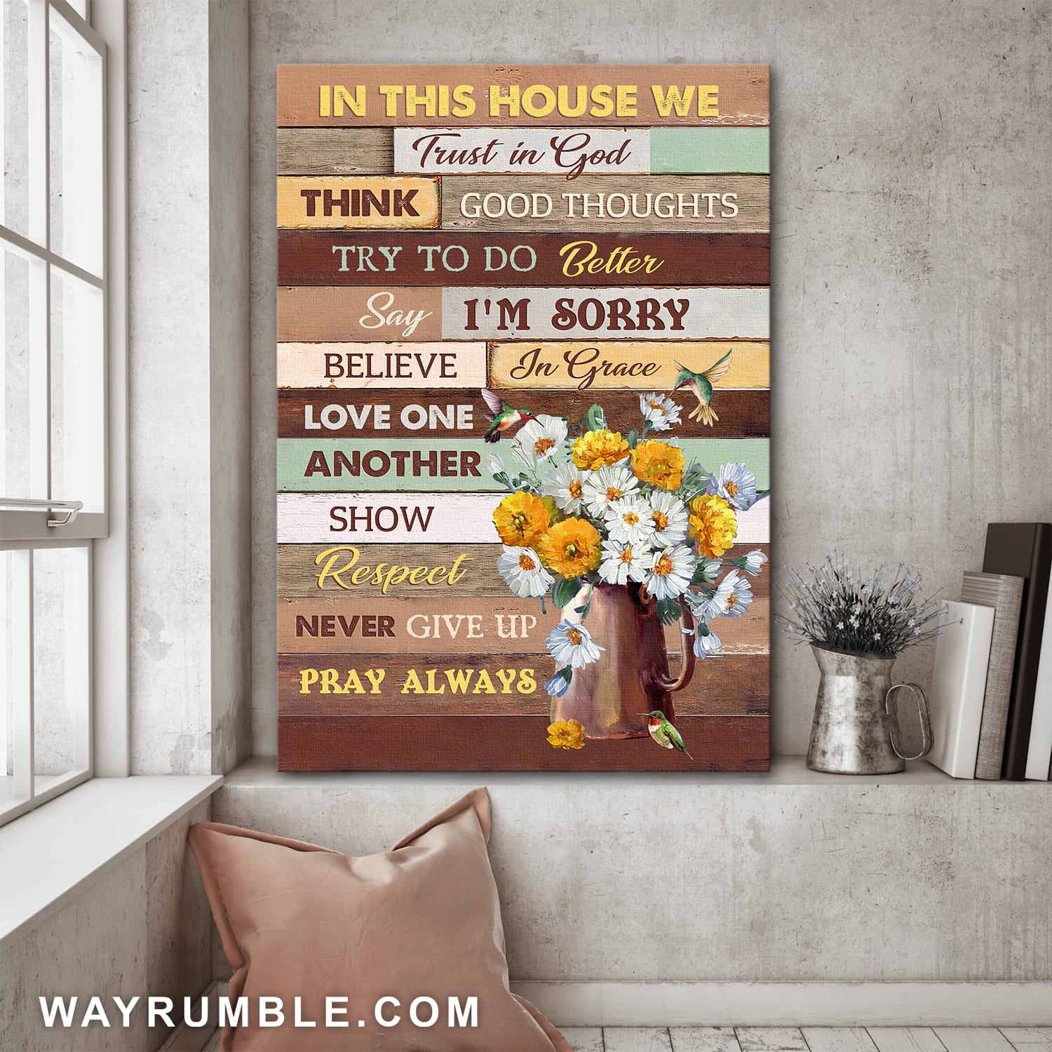 Flower vase, Hummingbird, In this house we trust in God - Jesus Portrait Canvas Prints, Wall Art