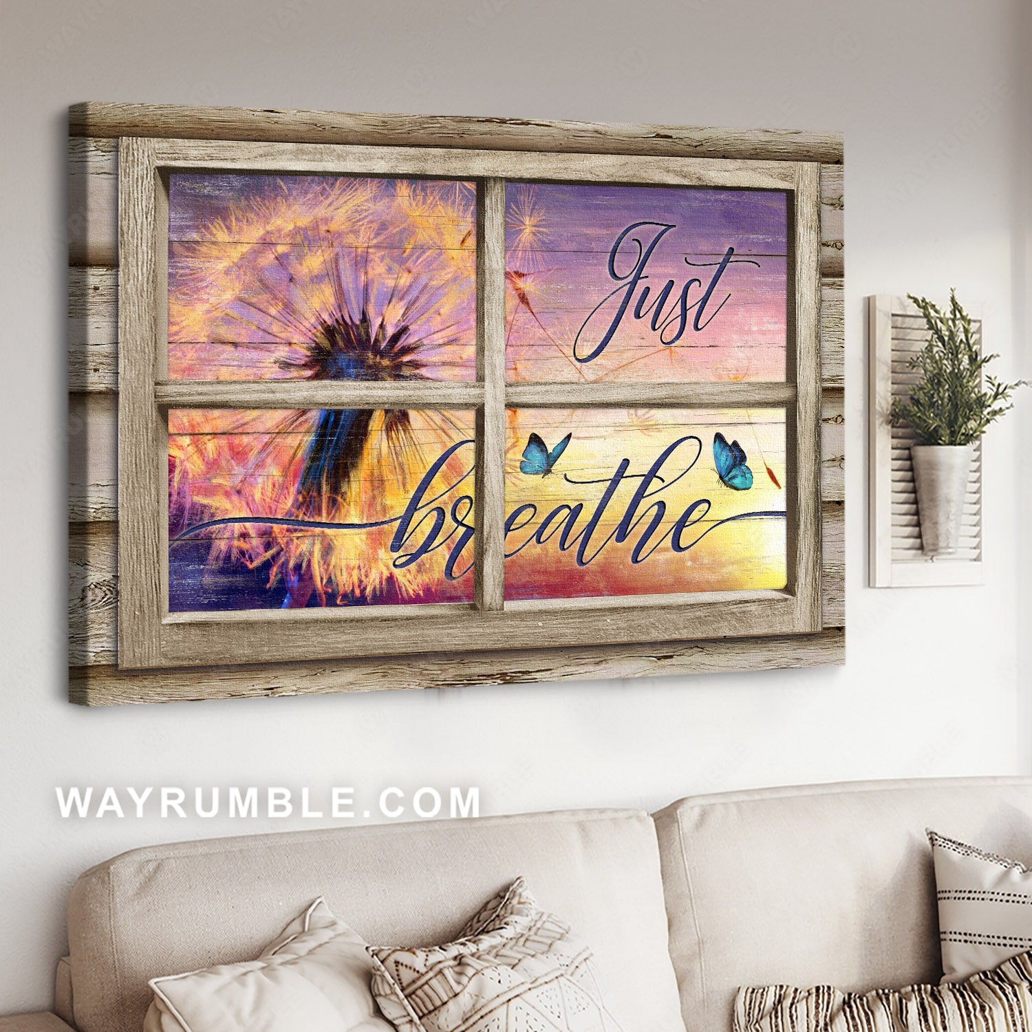 Blue butterfly, Watercolor dandelion, Wooden window frame, Just breathe - Jesus Landscape Canvas Prints, Home Decor Wall Art