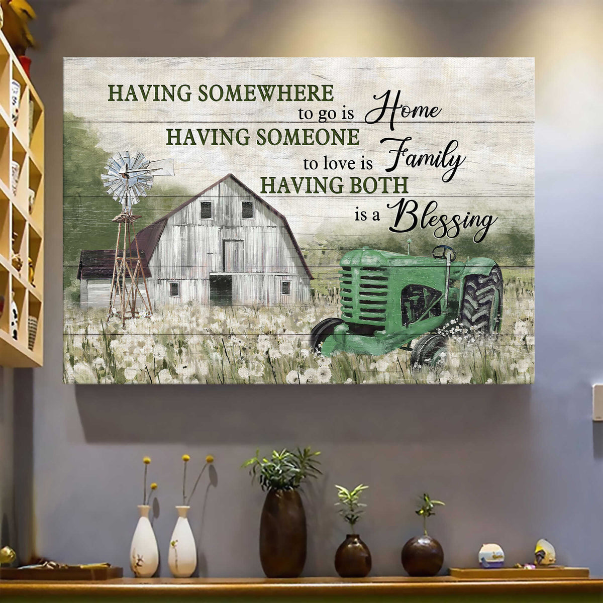 Green tractor, Flower Field, Old Barn Painting, Having somewhere to go is home - Jesus Landscape Canvas Prints, Wall Art