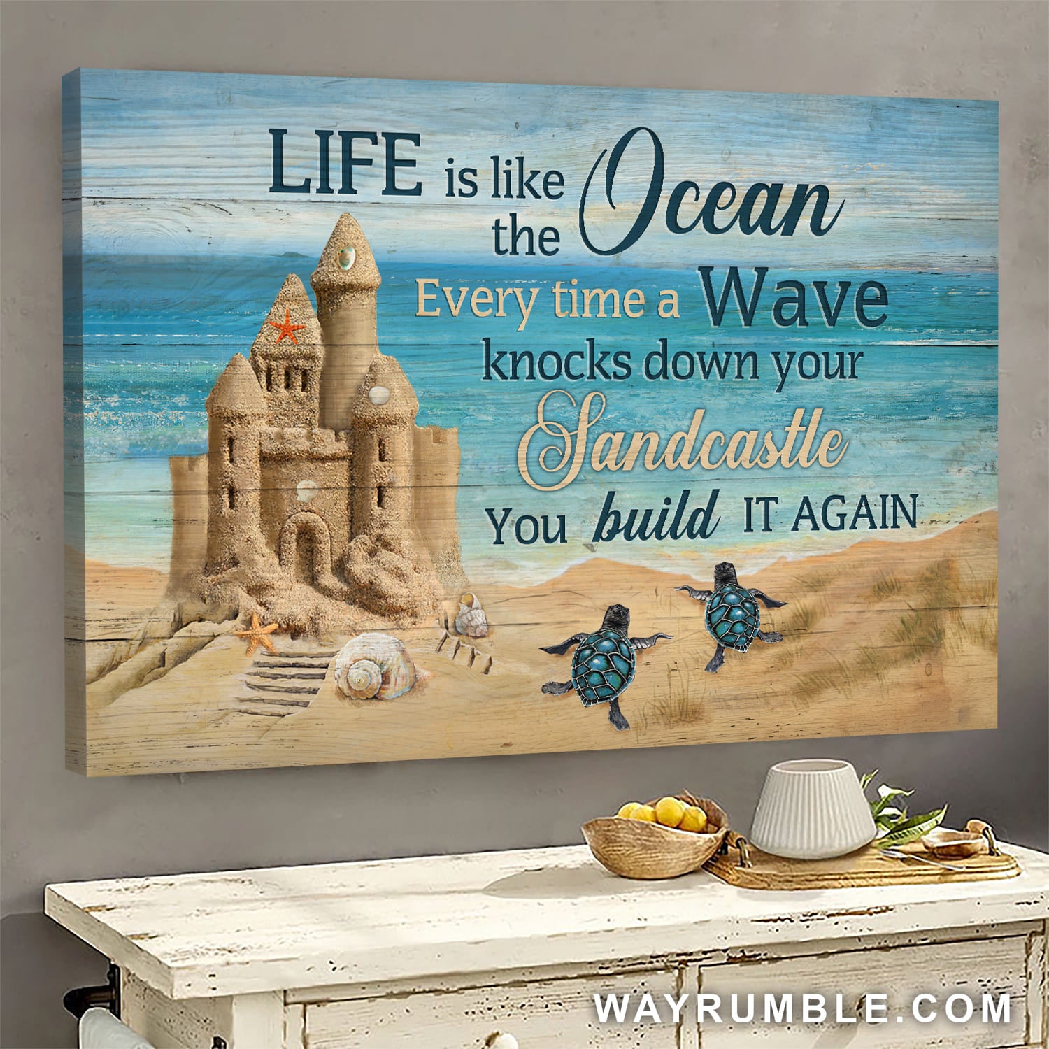 Sand castle, Turtle, On the beach, Life is like the ocean - Jesus Landscape Canvas Prints, Wall Art
