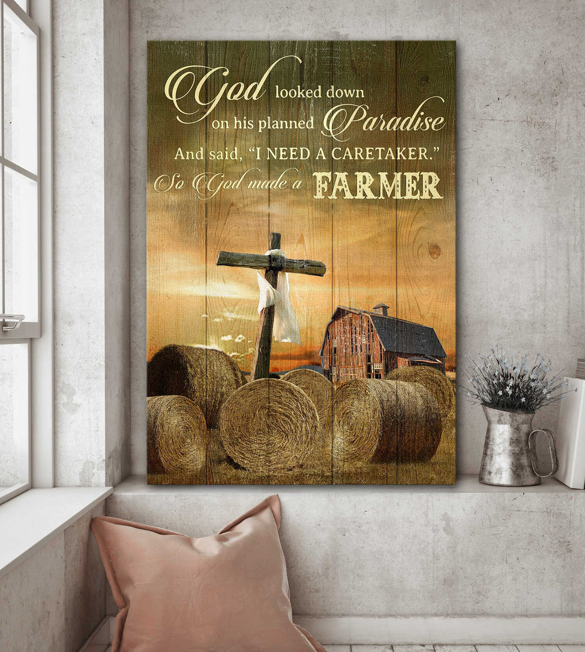 Tranquil farm, Wooden cross, Beautiful sunset, So God made a farmer - Jesus Portrait Canvas Prints, Wall Art