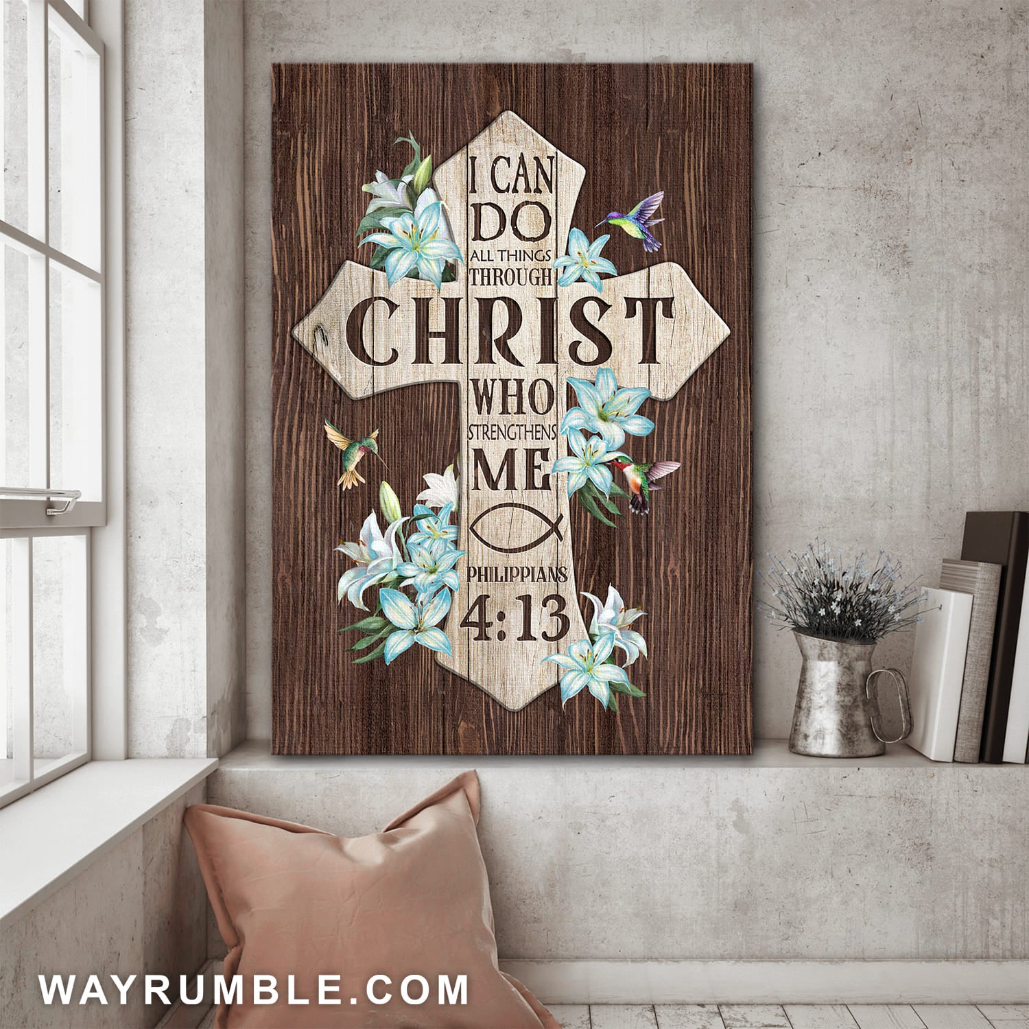 Cross, Lily Flower, Hummingbird, I can do all things through Christ - Jesus Portrait Canvas Prints, Wall Art