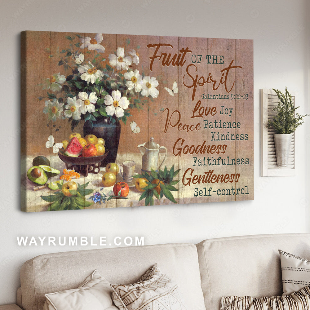 Fruit drawing, White flower vase, Inspirational quote, Fruit of the spirit - Jesus Landscape Canvas Prints, Home Decor Wall Art