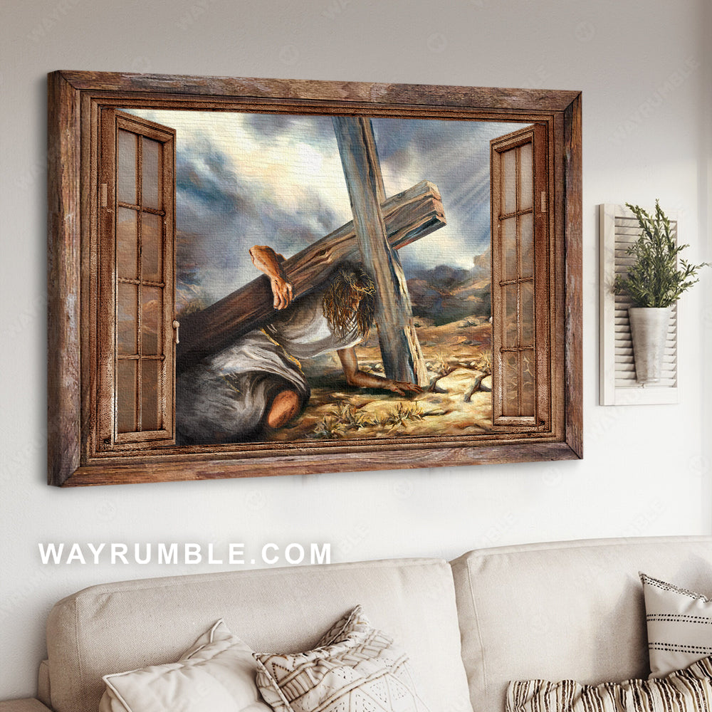 Jesus painting, Wooden cross, Wood window frame, Jesus carrying the cross - Jesus Landscape Canvas Prints, Christian Wall Art