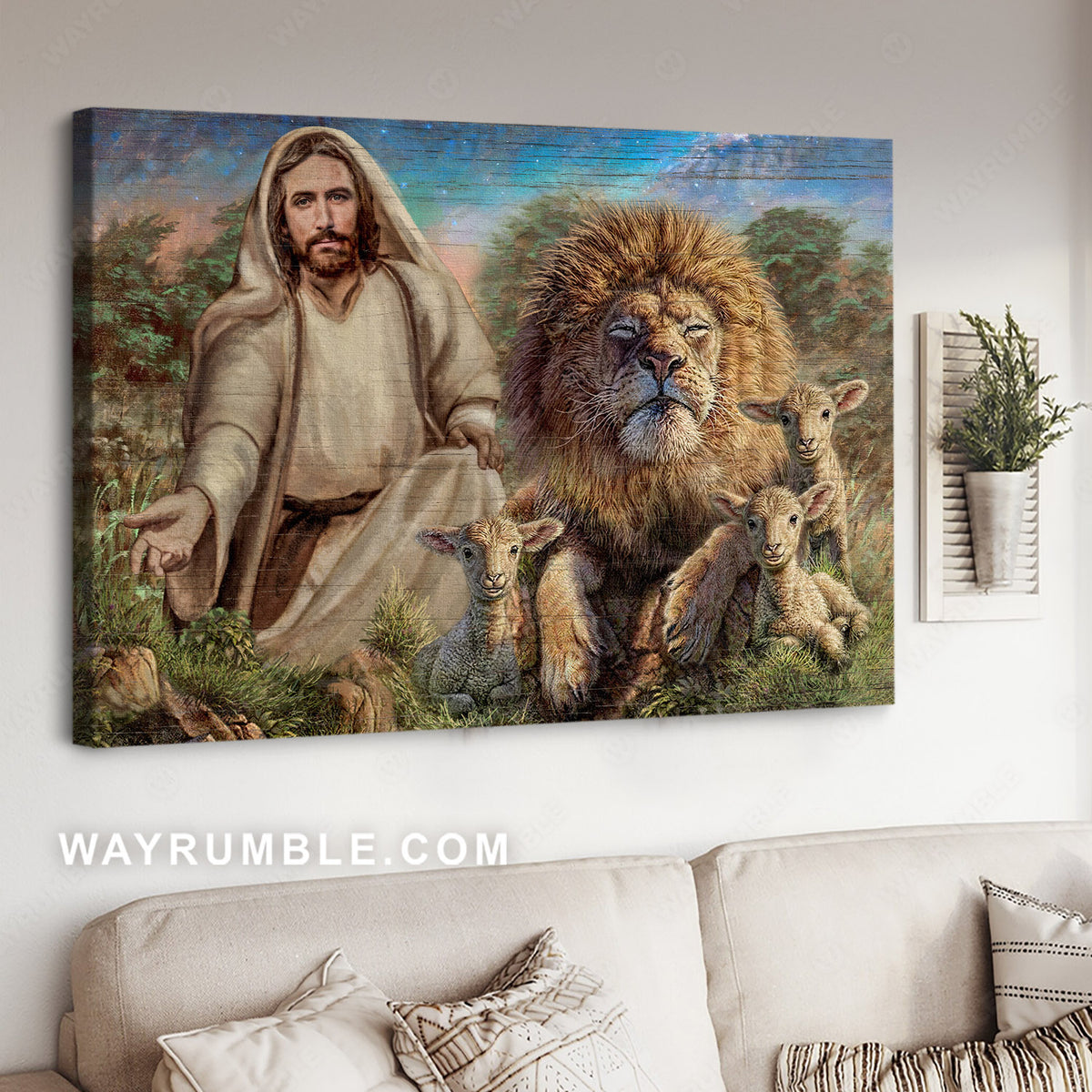 Awesome Lion of Judah, Lamb of God, Jesus painting, Beautiful meadow - Jesus Landscape Canvas Prints, Christian Wall Art