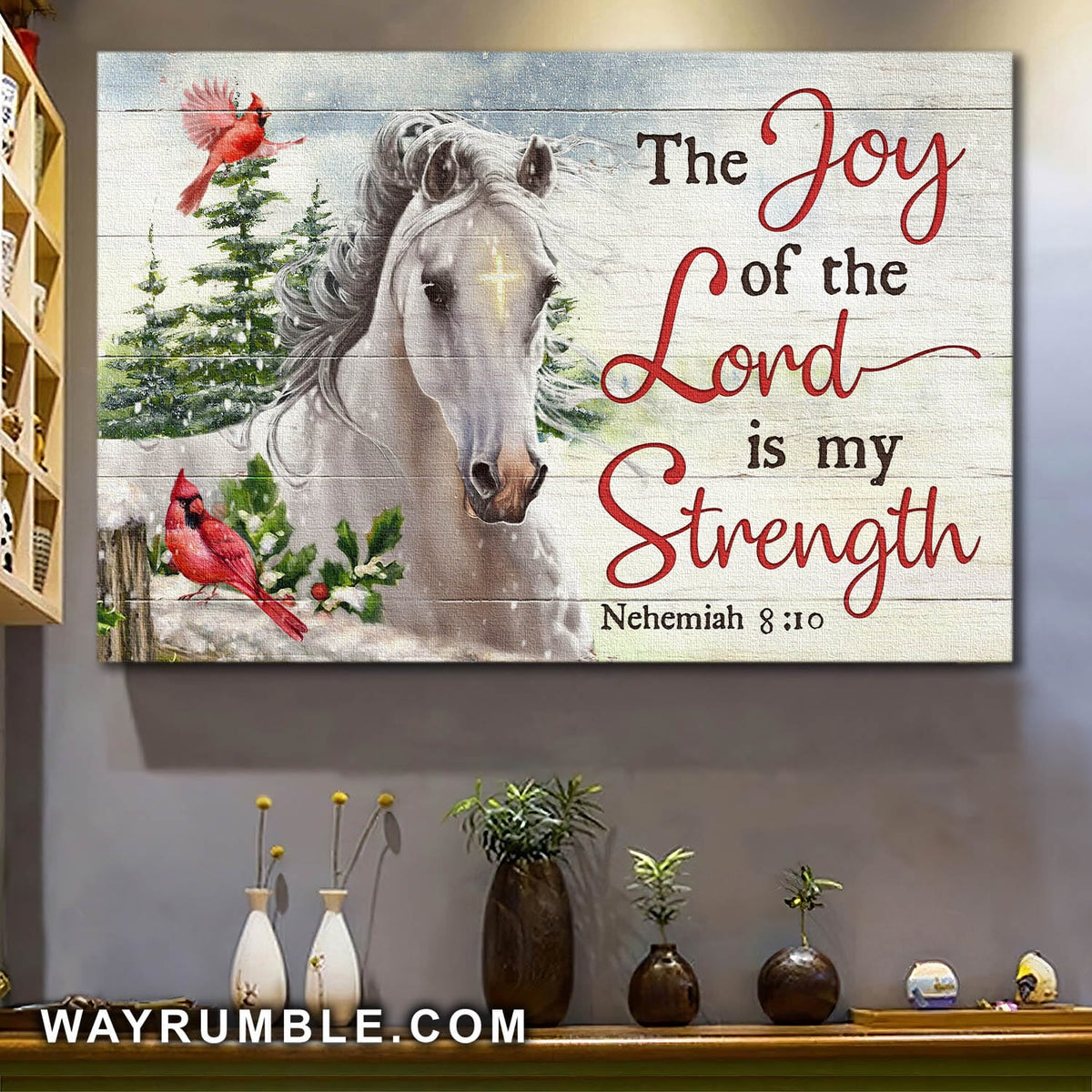 White horse, Snow forest, Cardinal, The joy of Lord is my strength - Landscape Canvas Prints, Wall Art