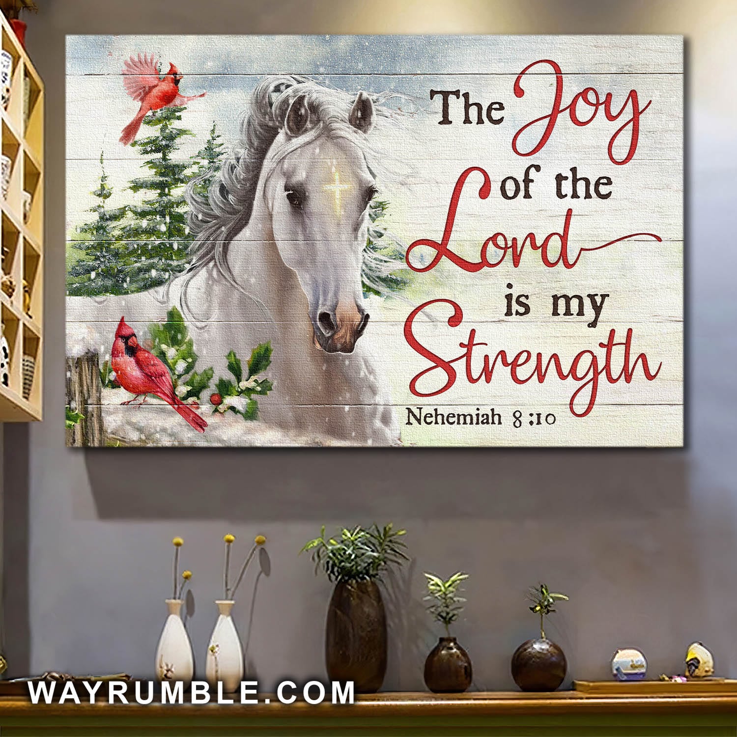 White horse, Snow forest, Cardinal, The joy of Lord is my strength - Landscape Canvas Prints, Wall Art
