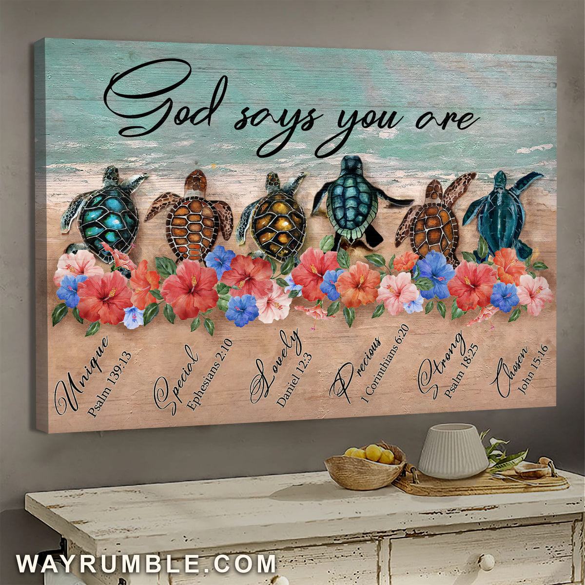 Turtles, Hibiscuses, On the beach, God says you are - Jesus Landscape Canvas Prints, Wall Art