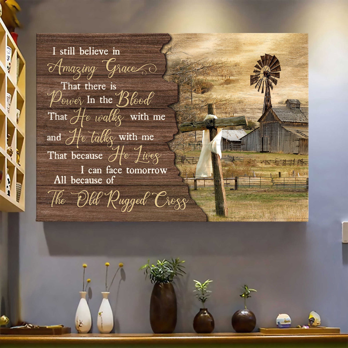 Tranquil farm, Wooden Cross, I still believe in amazing grace - Jesus Landscape Canvas Prints, Wall Art