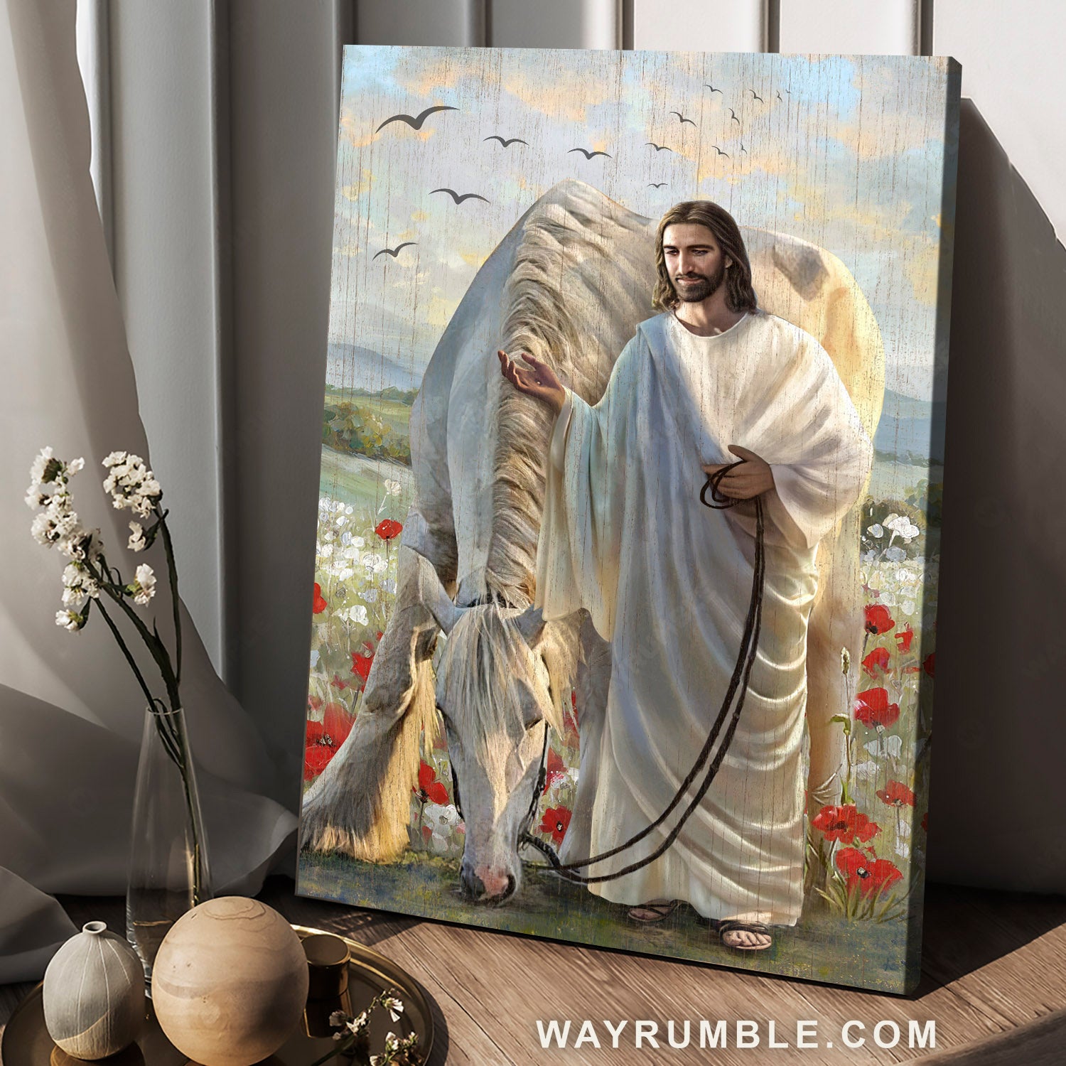 Gorgeous white horse, Jesus painting, Poppy flower, Beautiful flower field - Jesus Portrait Canvas Prints, Christian Wall Art