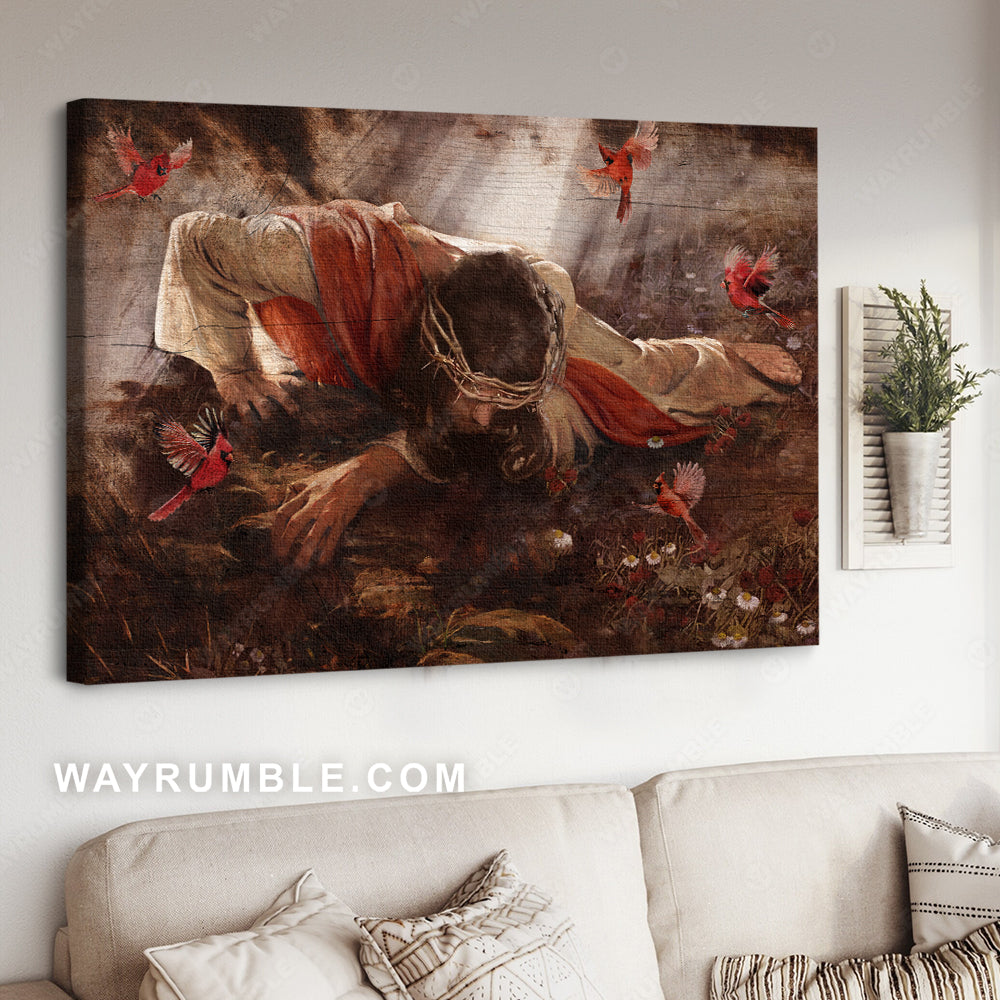 Red cardinal, Jesus painting, Daisy flower, Crown of thorns, In the darkness - Jesus Landscape Canvas Prints, Christian Wall Art