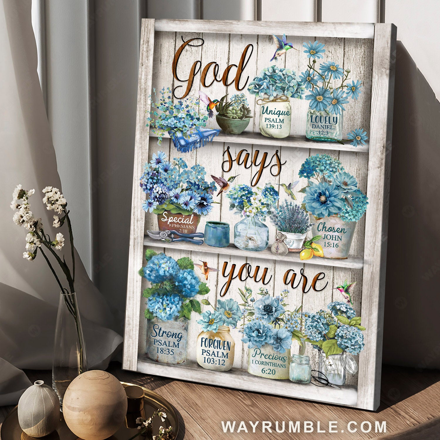 Blue flower painting, Watercolor hummingbird, Flower garden, God says you are - Jesus Portrait Canvas Prints, Home Decor Wall Art