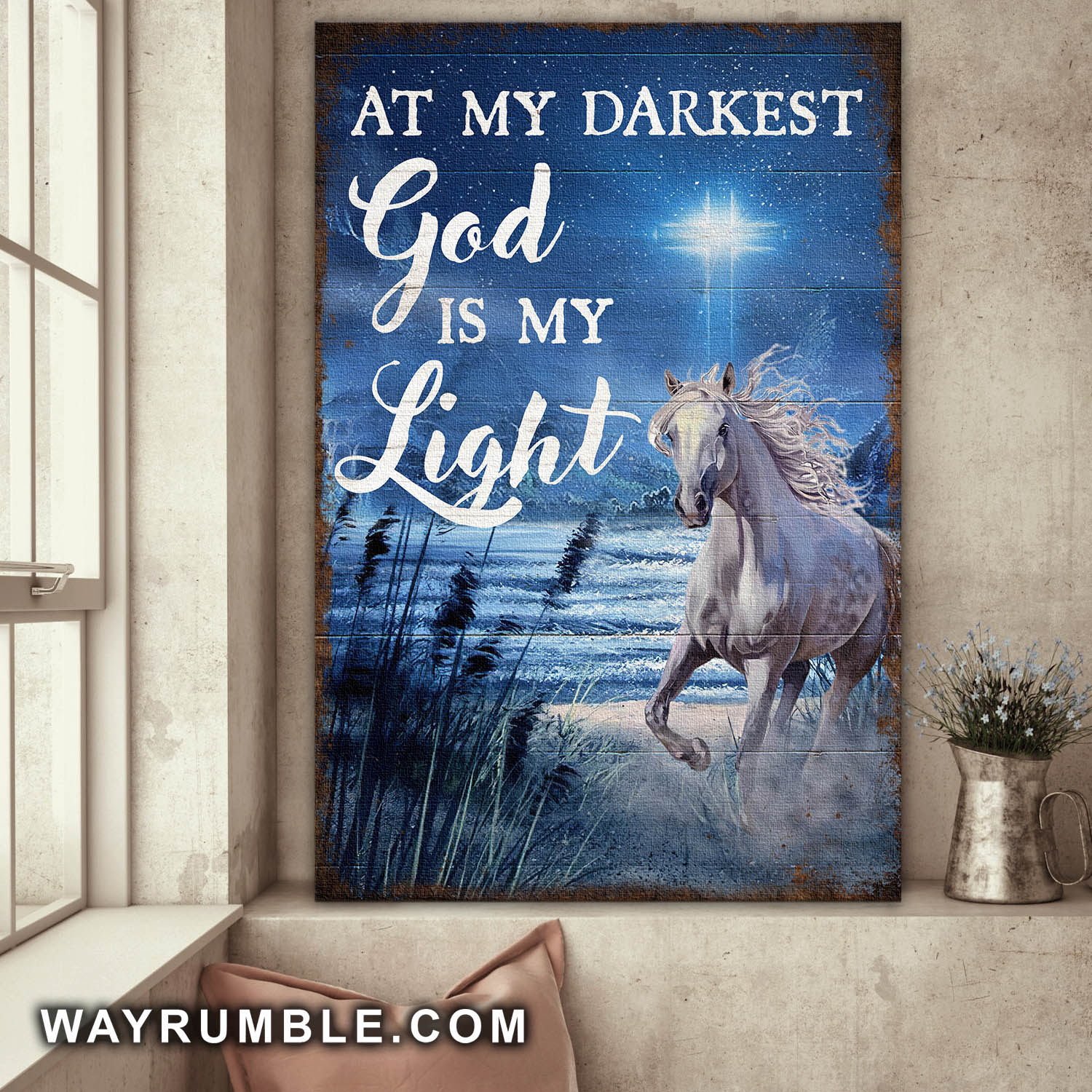 White horse, Light Cross, At my darkest, God is my light - Jesus Portrait Canvas Prints, Wall Art