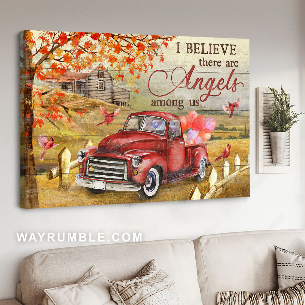 Autumn season, Red truck, Farmland painting, I believe there are angels among us - Jesus Landscape Canvas Prints, Home Decor Wall Art
