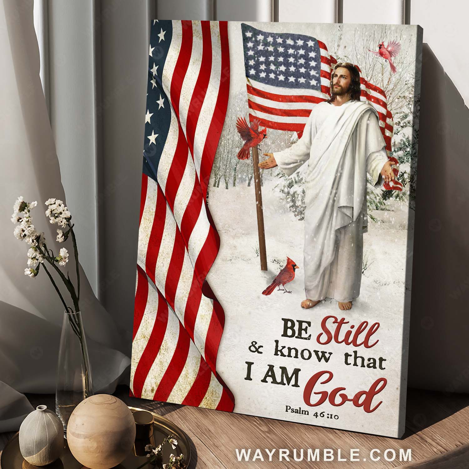 American flag, Red cardinal, Snow forest, Jesus painting, Be still & know that I am God - Jesus Portrait Canvas Prints, Christian Wall Art