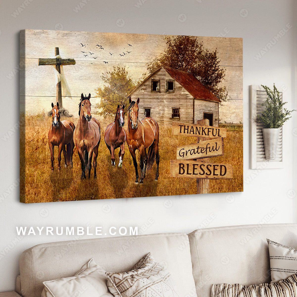Horse on farm, Old rugged cross, Beautiful sunset, Thankful, grateful, blessed - Jesus Landscape Canvas Prints, Christian Wall Art