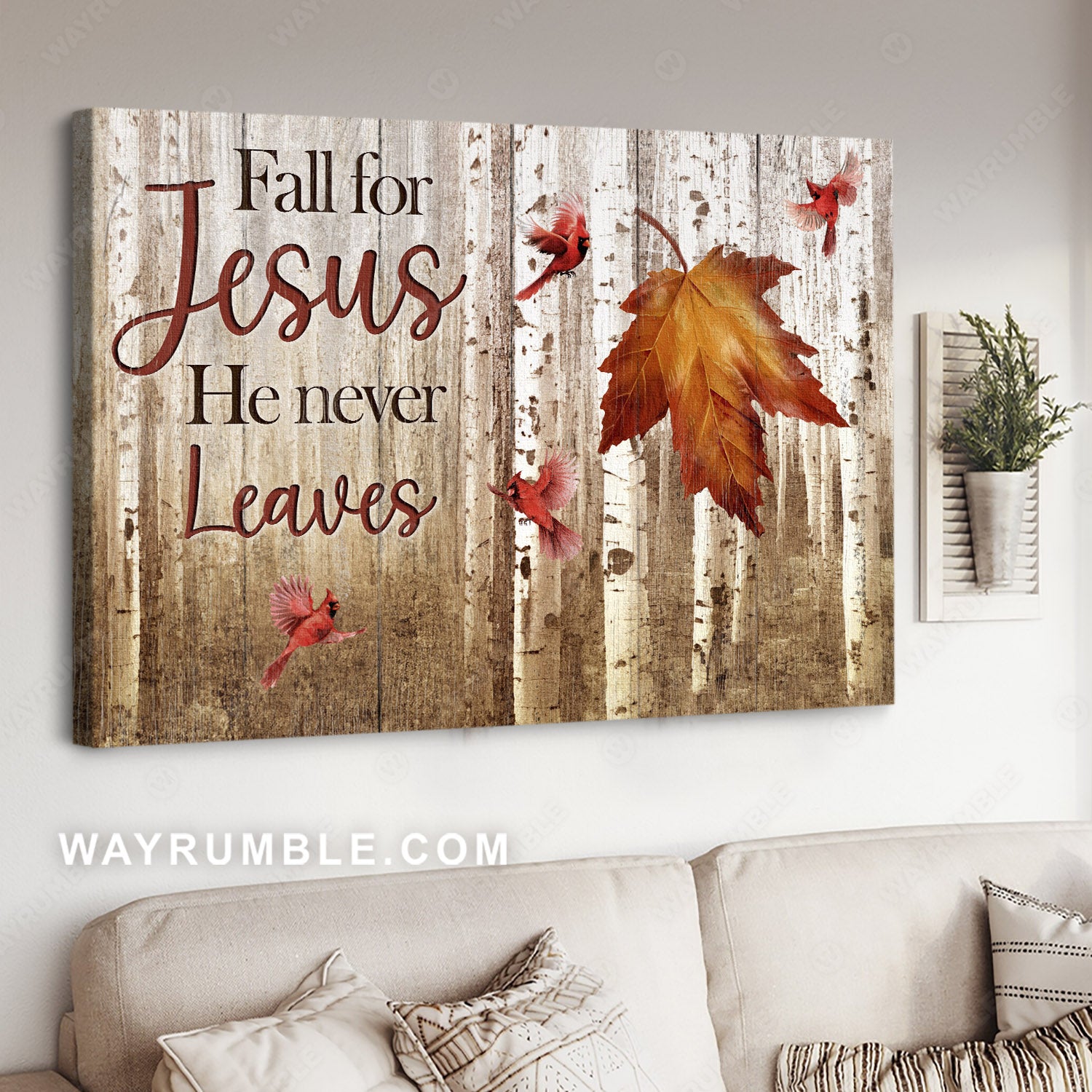 Autumn season, Red cardinal, Birch tree painting, Fall for Jesus, he never leaves - Jesus Landscape Canvas Prints, Home Decor Wall Art