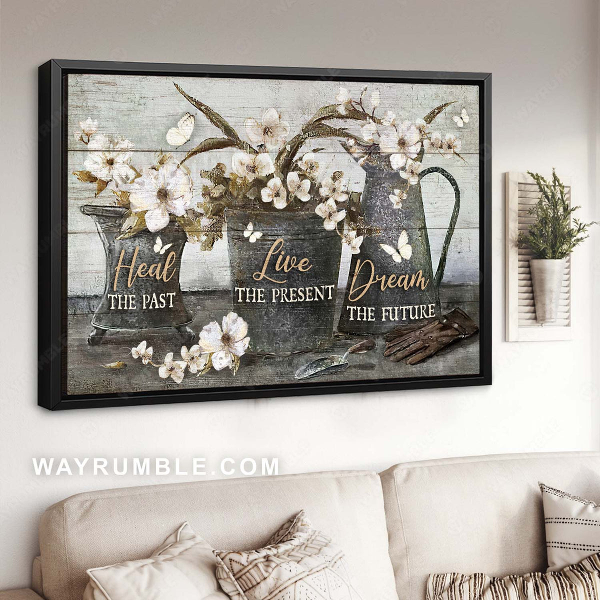 Garden tool, White flower pot, Lovely butterfly, Heal, Live, Dream - Jesus Landscape Canvas Prints, Home Decor Wall Art