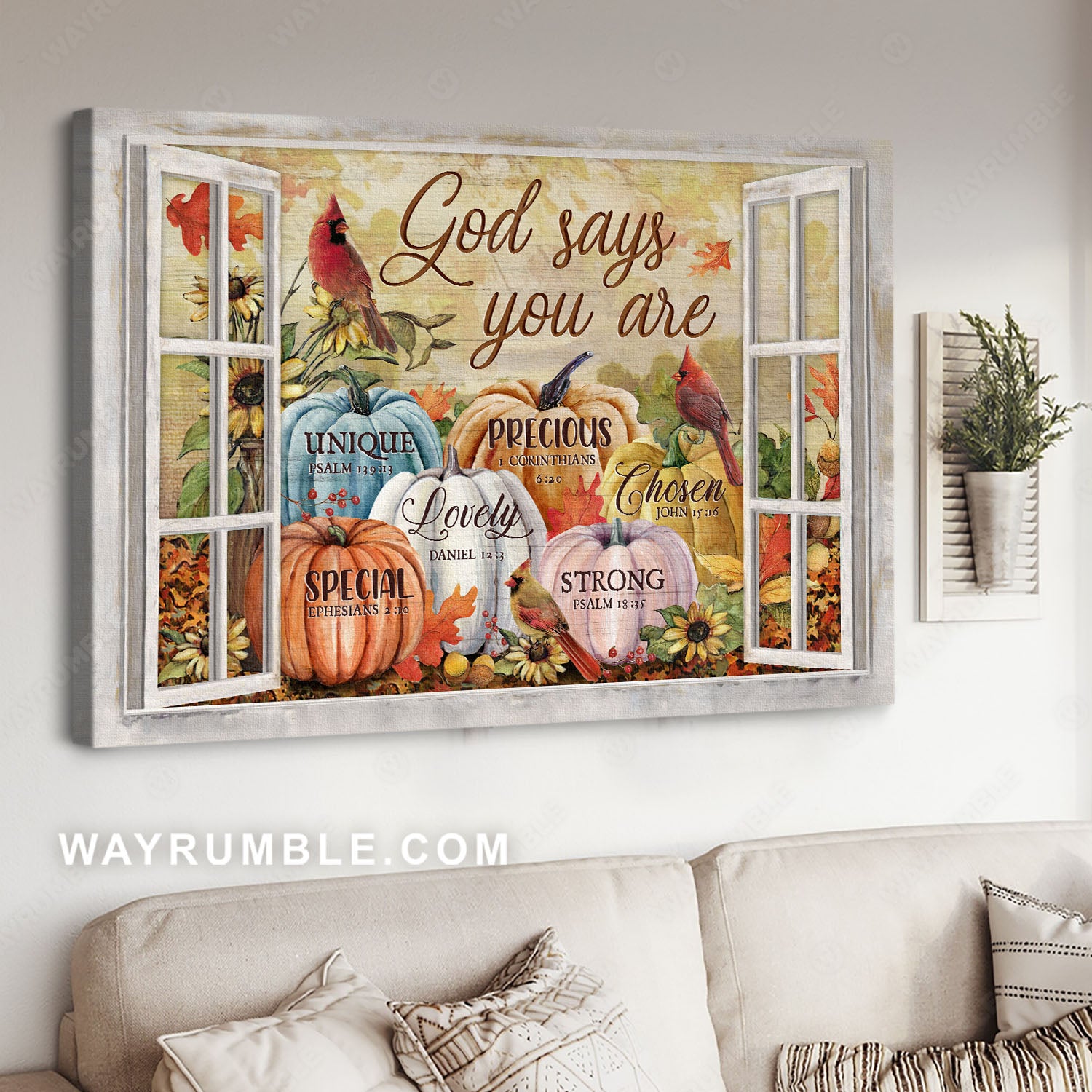 Garden painting, Watercolor pumpkin, Red cardinal, Bible verse, God says you are - Jesus Landscape Canvas Prints, Home Decor Wall Art