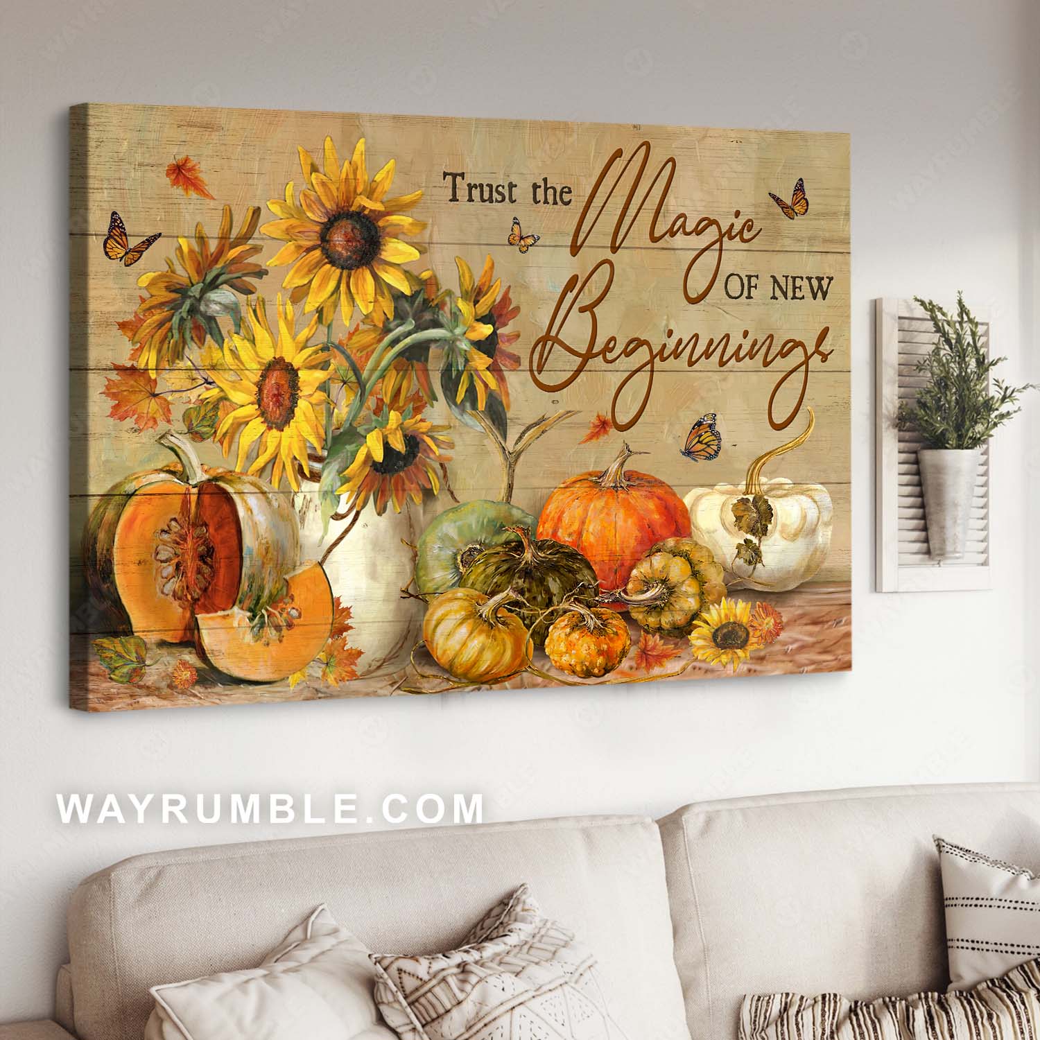 Sunflower painting, Pumpkin drawing, Trust the magic of new beginnings - Jesus Landscape Canvas Prints, Home Decor Wall Art