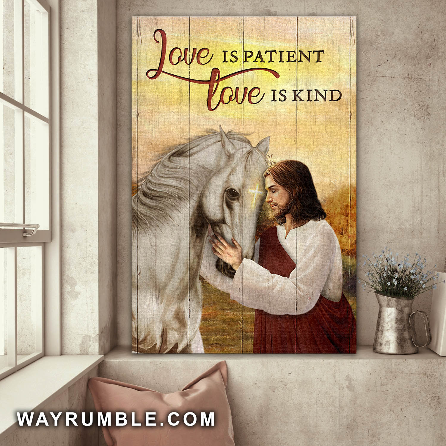 Jesus Painting, White horse, Light Cross, Love is patient, love is kind - Jesus Portrait Canvas Prints, Wall Art
