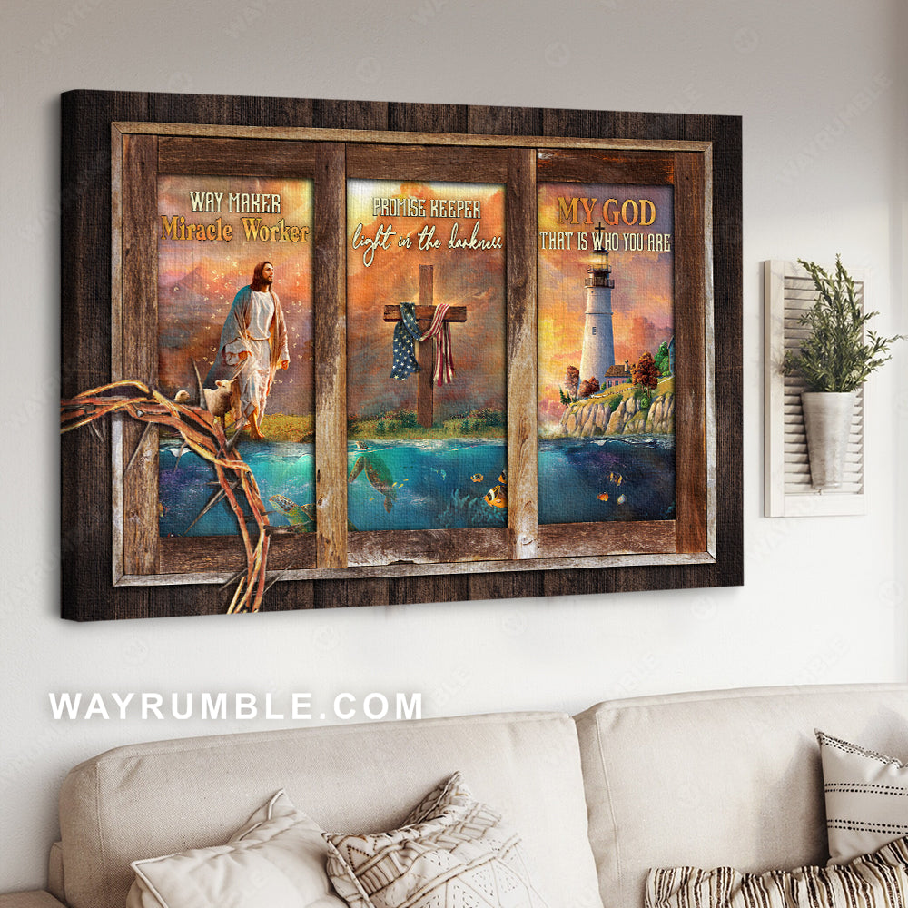 Jesus painting, Lighthouse drawing, Cross symbol, Way maker - Jesus Landscape Canvas Prints, Christian Wall Art