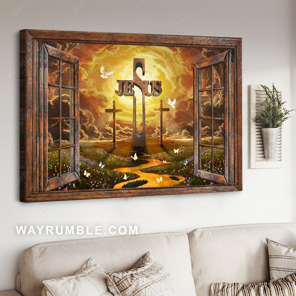 Beautiful sunset, Holy spirit dove, Amazing three crosses, Flower field - Jesus Landscape Canvas Prints, Home Decor Wall Art