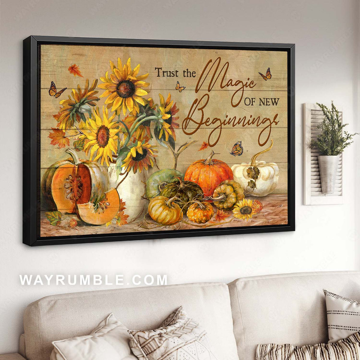 Sunflower painting, Pumpkin drawing, Trust the magic of new beginnings - Jesus Landscape Canvas Prints, Home Decor Wall Art