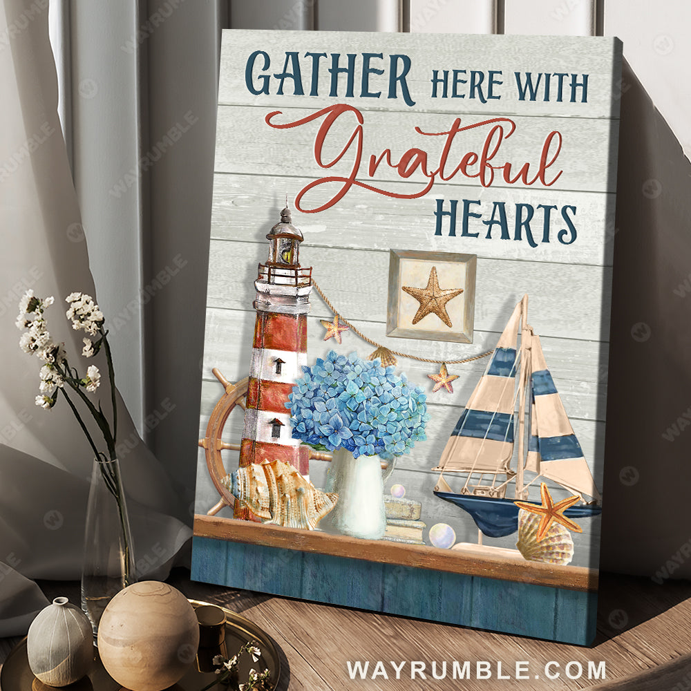 Beautiful lighthouse, Blue hydrangea, Beach symbol, Gather here with grateful hearts - Jesus Portrait Canvas Prints, Christian Wall Art
