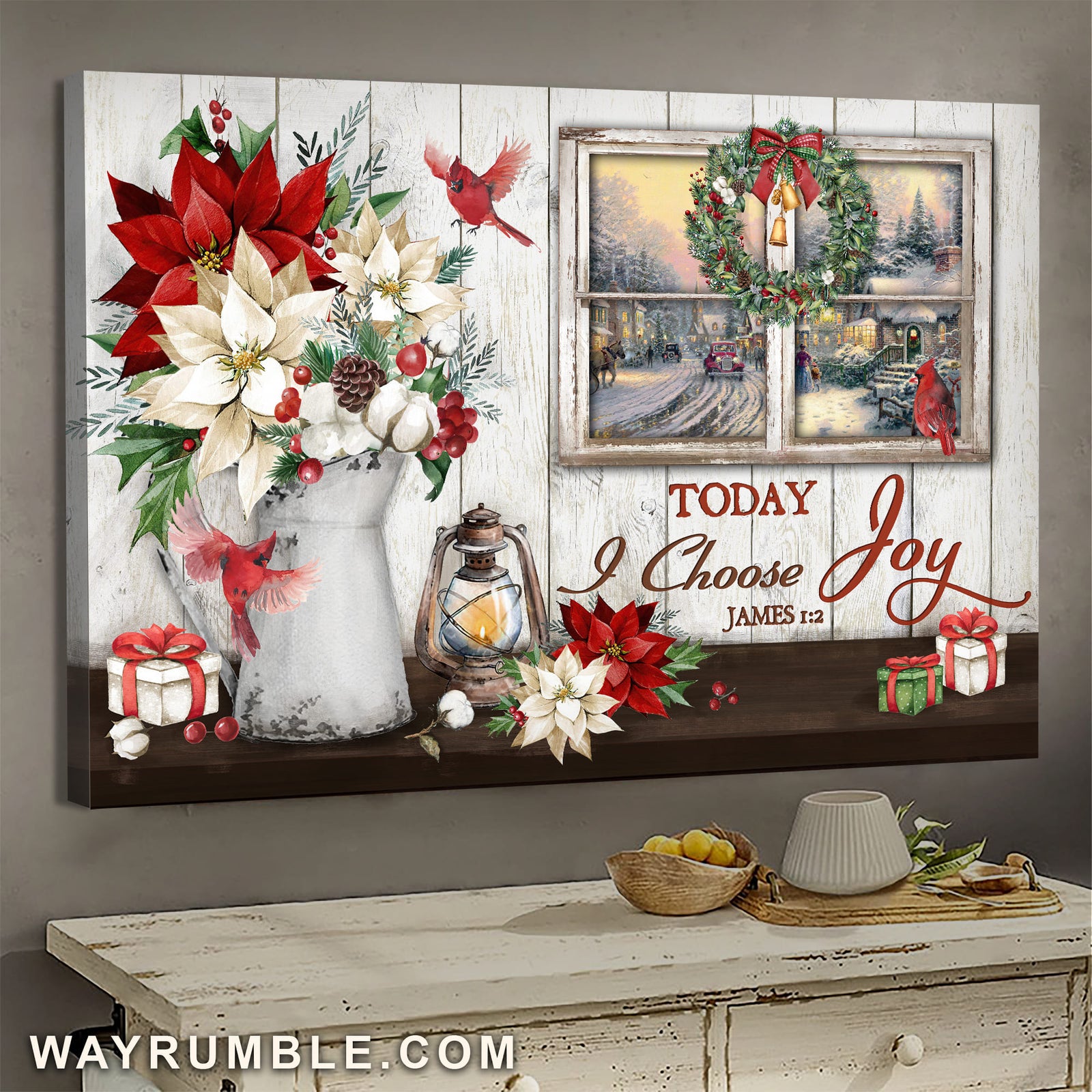 Christmas, Poinsettia vase, Cardinal, Today I choose joy - Jesus, Window Frame Landscape Canvas Prints, Wall Art