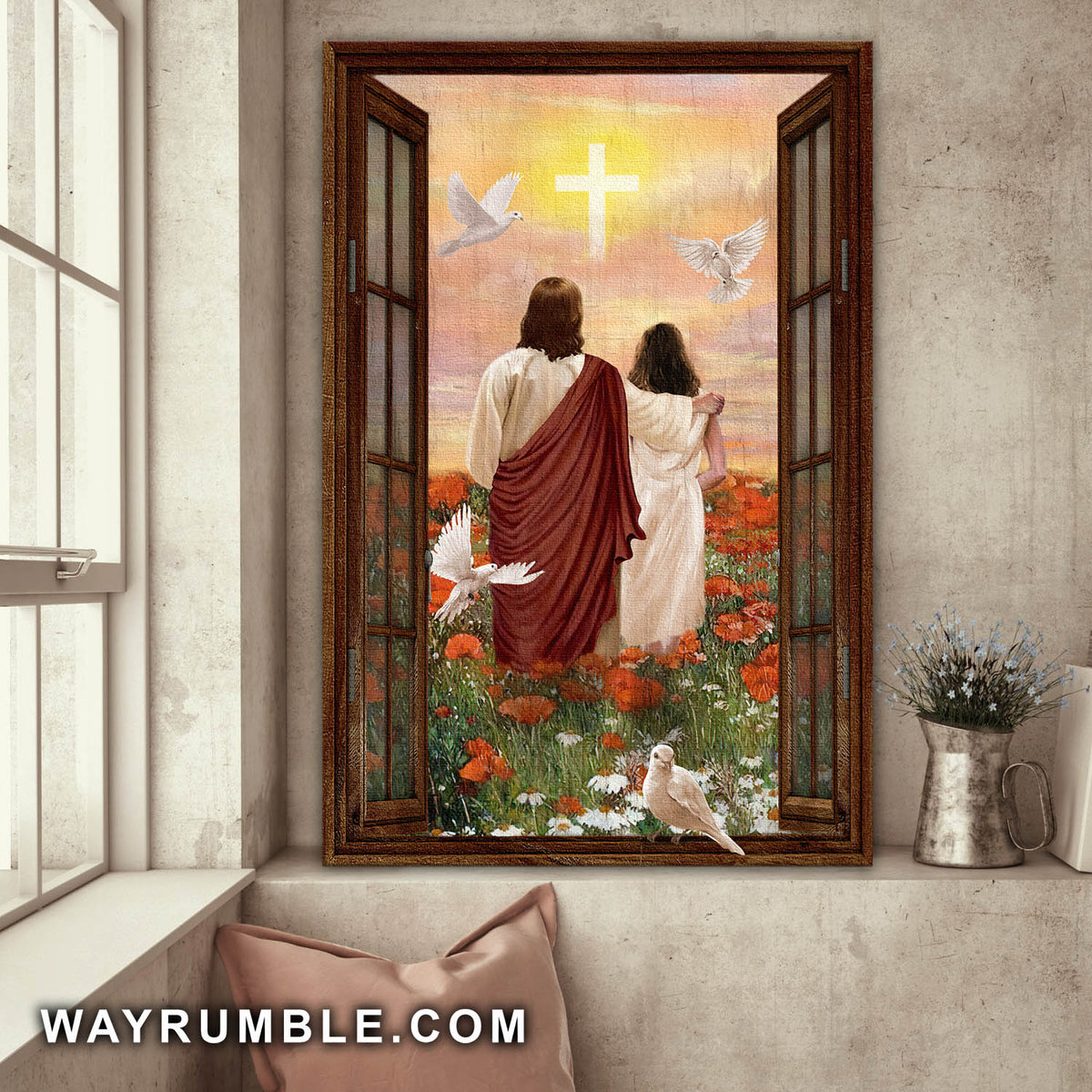 The girl standing with Jesus, Flower field, Dove, Light Cross - Jesus Portrait Canvas Prints, Wall Art