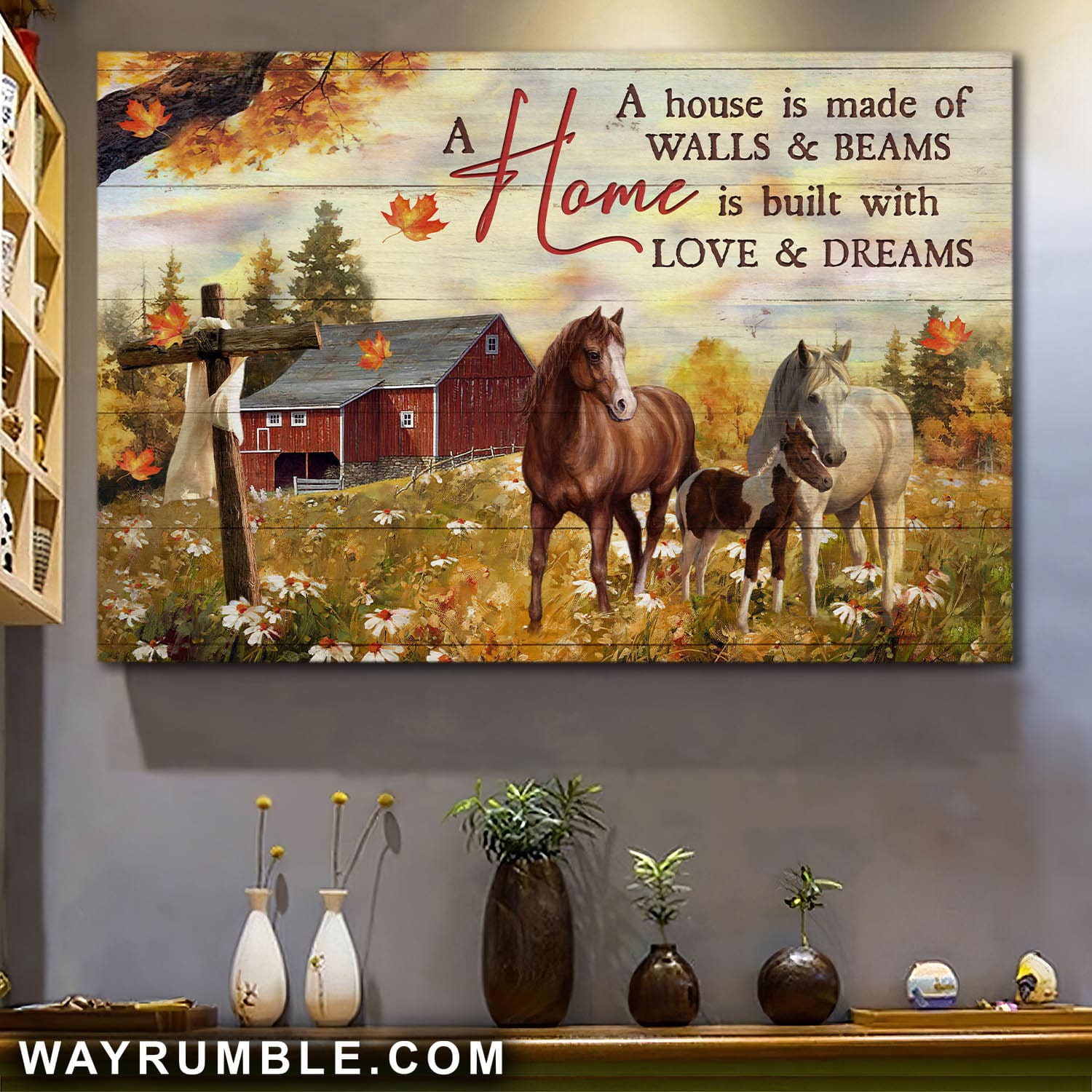 Horse farm, Flower Field, Wooden Cross, A home is built with love and dreams - Jesus Landscape Canvas Prints, Wall Art