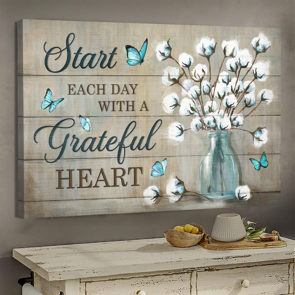 Cotton flower, Butterfly, Start each day with a grateful heart - Jesus Landscape Canvas Prints, Wall Art