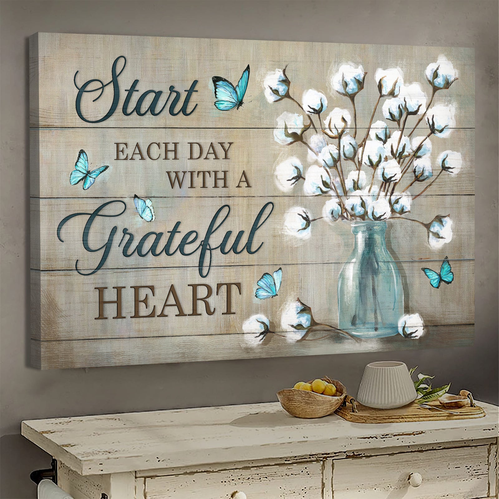 Cotton flower, Butterfly, Start each day with a grateful heart - Jesus Landscape Canvas Prints, Wall Art