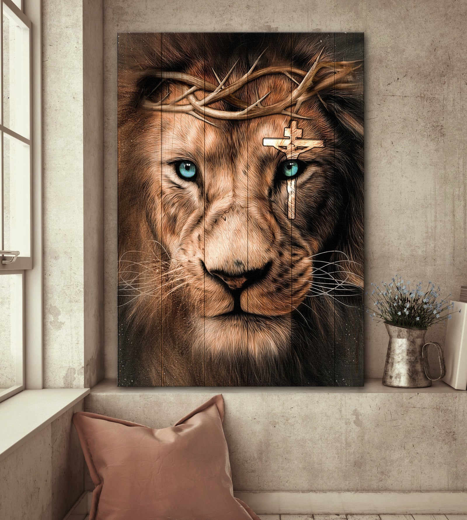 Awesome lion, Cross, Little lamb - Jesus Portrait Canvas Prints, Wall Art