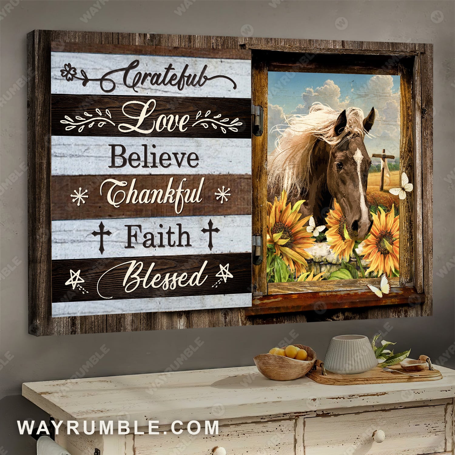 Horse, Sunflower, Butterfly, Grateful, thankful, faith, blessed - Jesus Landscape Canvas Prints, Wall Art