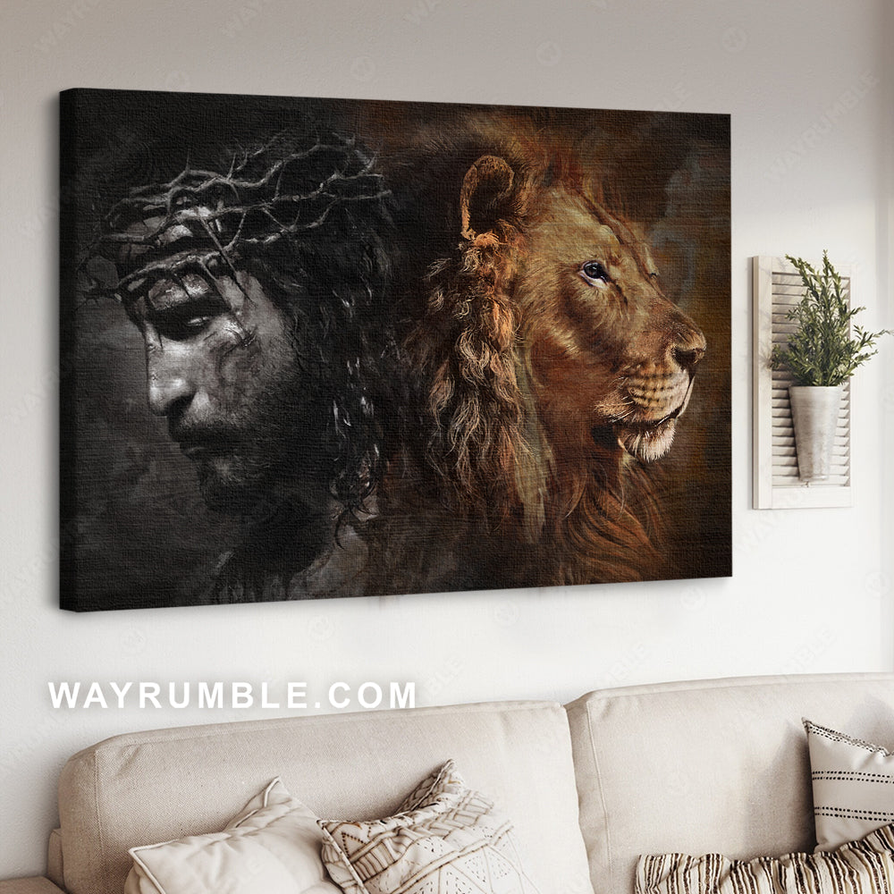 Great Lion of Judah, Crown of thorns, Awesome Jesus and Lion painting - Jesus Landscape Canvas Prints, Christian Wall Art