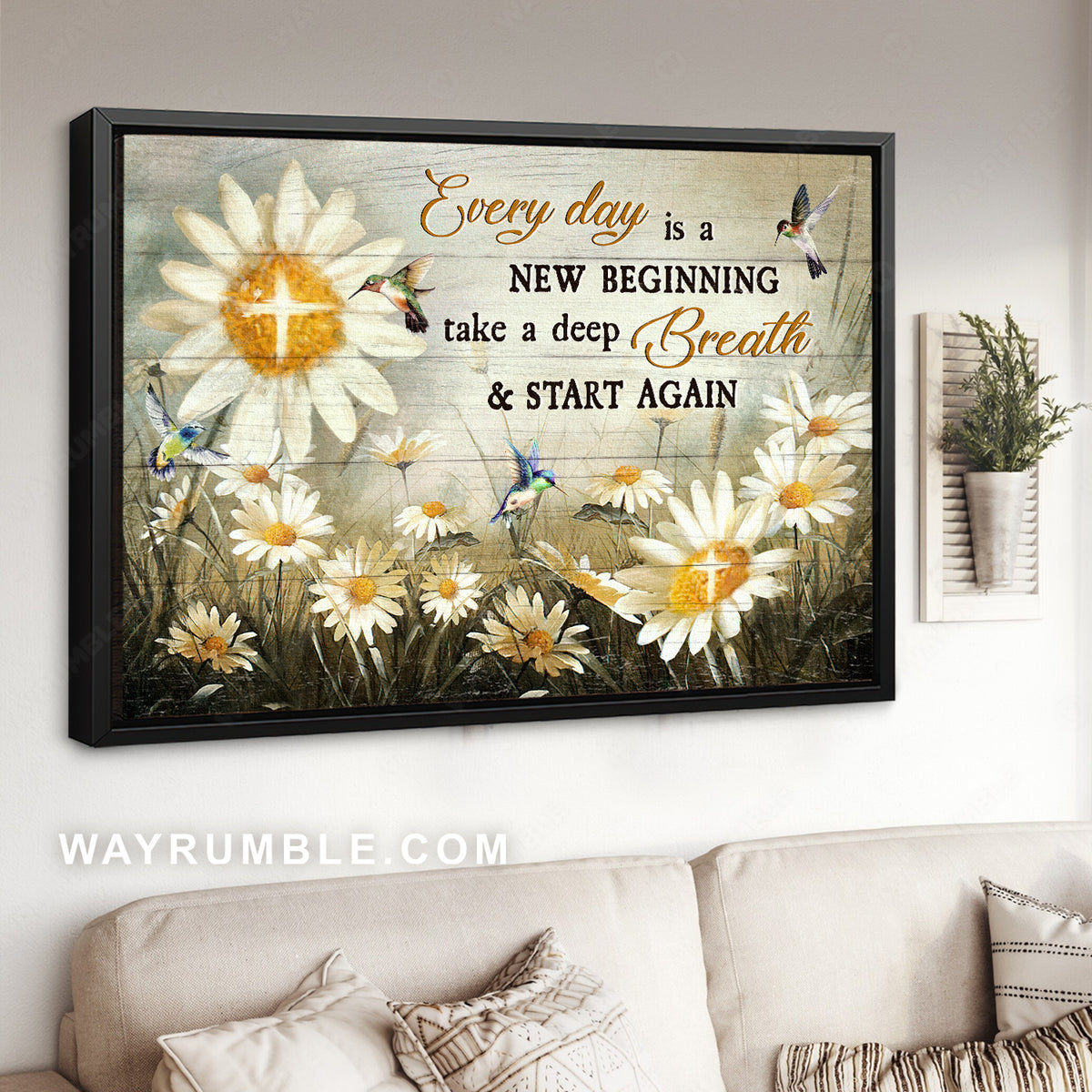 Brilliant daisy field, Colorful hummingbird, Every day is a new beginning - Jesus Landscape Canvas Prints, Christian Wall Art
